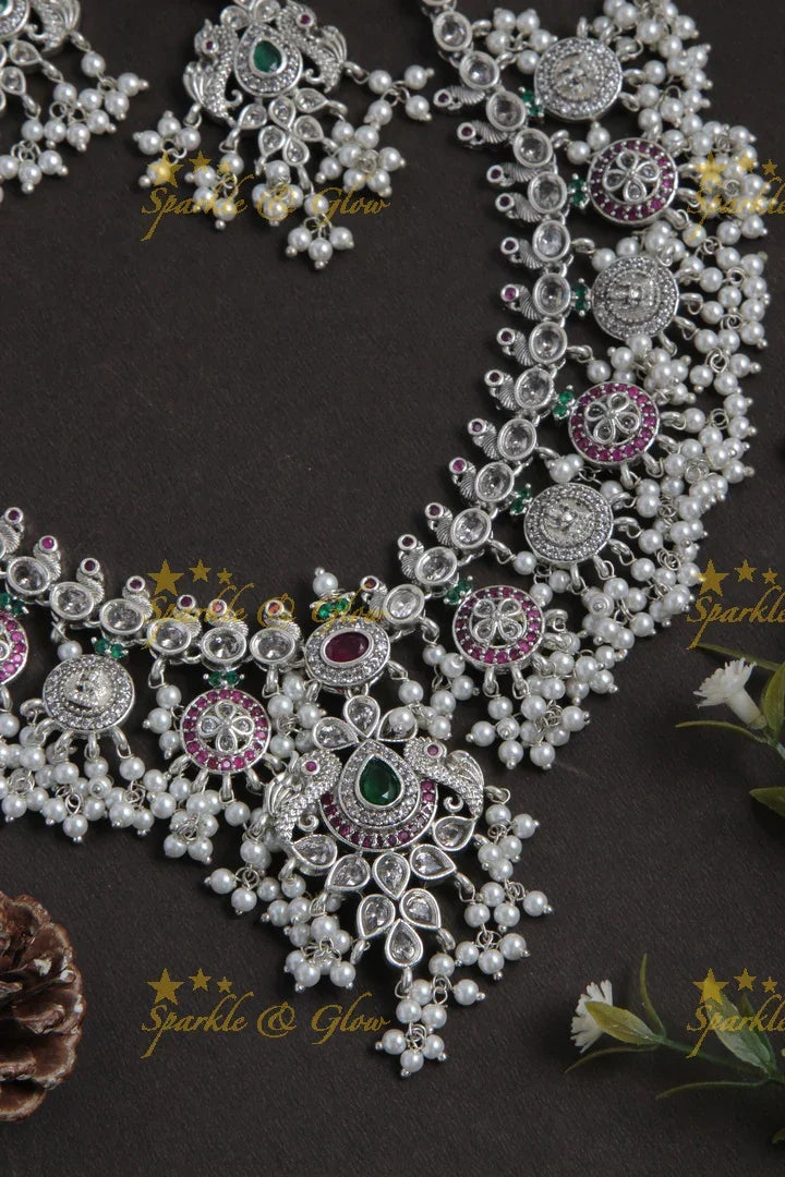 Exquisite premium matte silver finish lakshmi coin gutta pusalu necklace - Sparkle and Glow