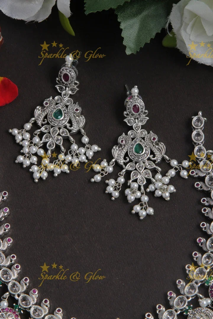 Exquisite premium matte silver finish lakshmi coin gutta pusalu necklace - Sparkle and Glow