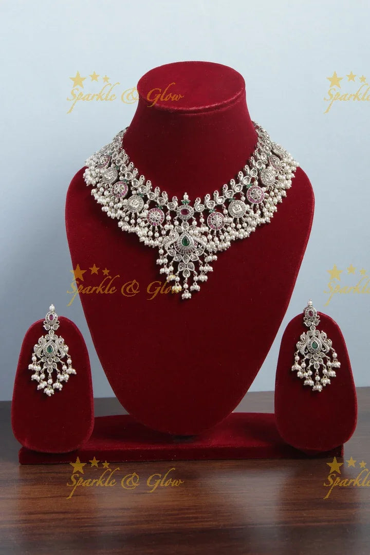 Exquisite premium matte silver finish lakshmi coin gutta pusalu necklace - Sparkle and Glow