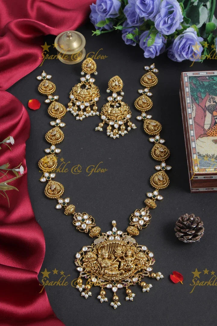 Elegant Seshashayana carved pendent peacock haram with kundan stones - Sparkle and Glow