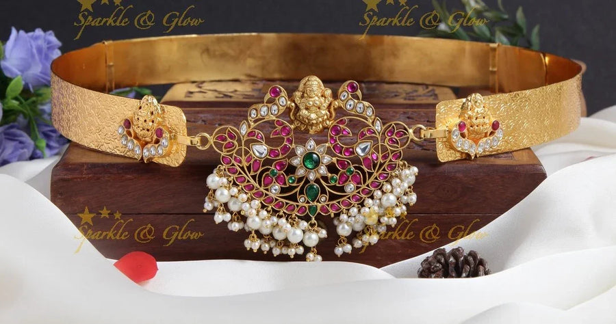 Gold alike jadau lakshmi pendent hipbelt - Sparkle and Glow
