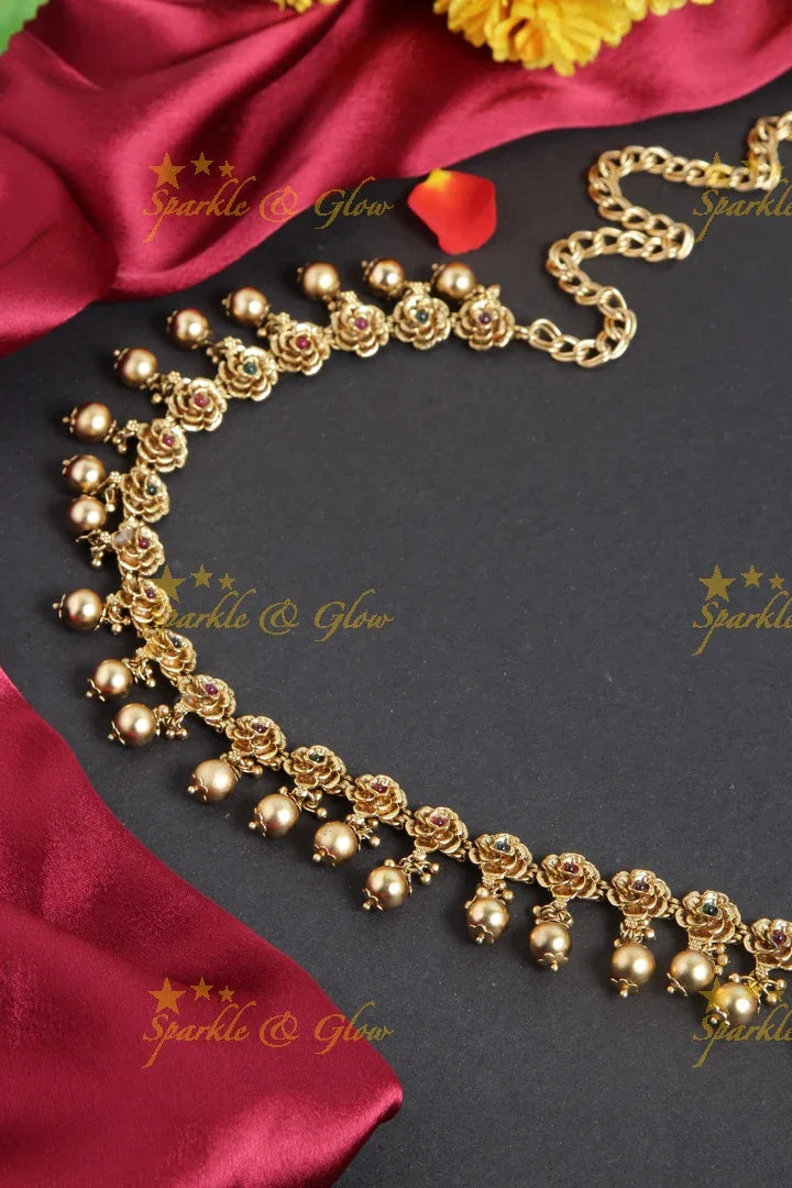 Gold alike rose flower gold beads hipchain - Sparkle and Glow