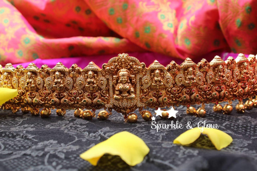 Gold alike polished lakshmi and peacock designed mango hipbelt with stones - Sparkle and Glow