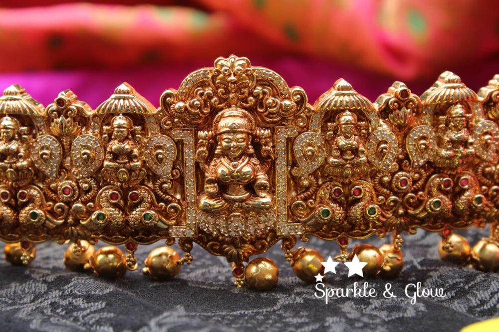 Gold alike polished lakshmi and peacock designed mango hipbelt with stones - Sparkle and Glow