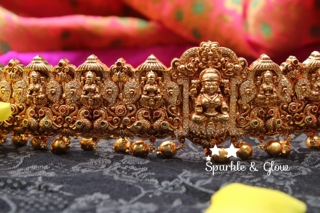 Gold alike polished lakshmi and peacock designed mango hipbelt with stones - Sparkle and Glow