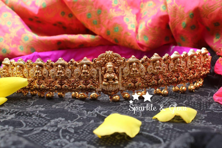 Gold alike polished lakshmi and peacock designed mango hipbelt with stones - Sparkle and Glow