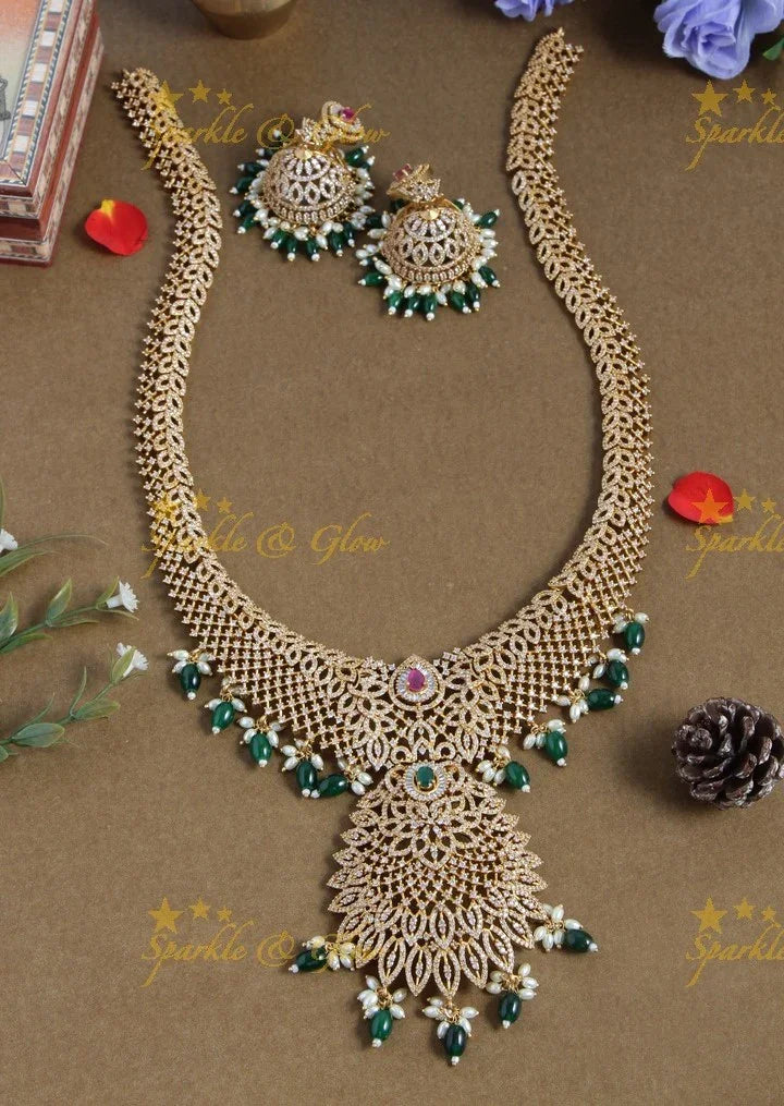 Glorious AD bridal long necklace with green beads - Sparkle and Glow