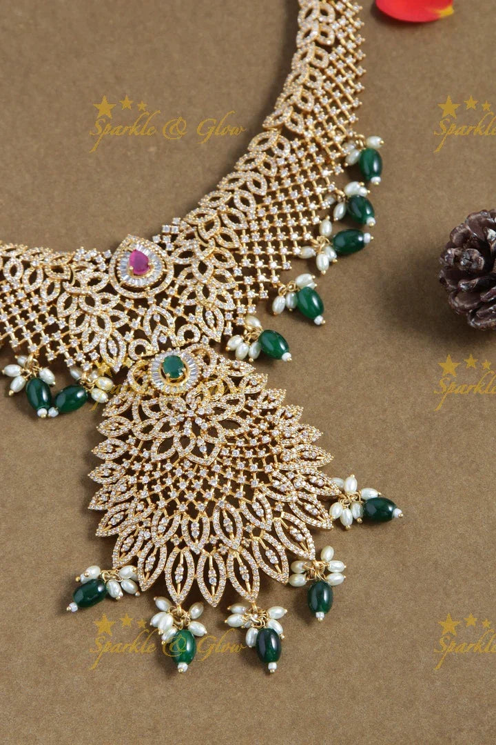 Glorious AD bridal long necklace with green beads - Sparkle and Glow