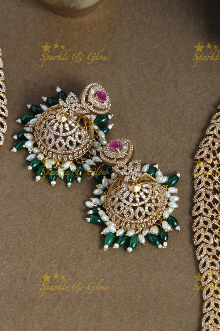 Glorious AD bridal long necklace with green beads - Sparkle and Glow