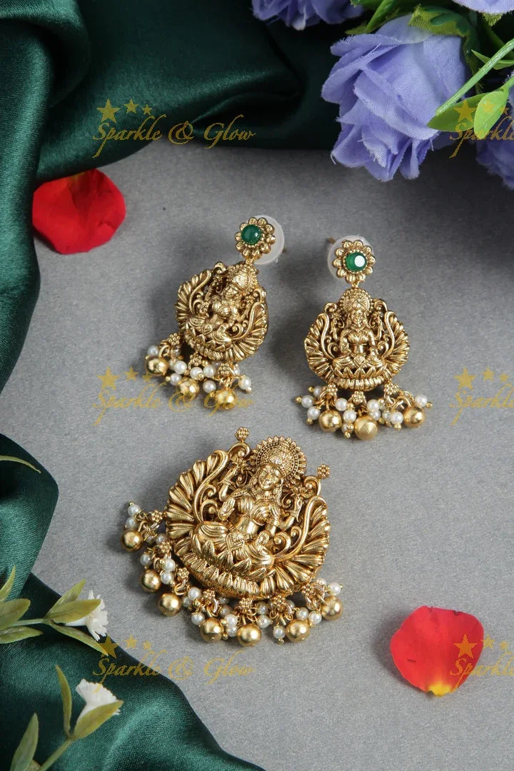 Beautiful floral half moon and Lakshmi two in one gold beads pendent set - Sparkle and Glow