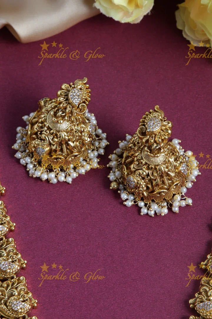 Gold alike long dancing peacock pearl necklace with Radha Krishna pendent - Sparkle and Glow