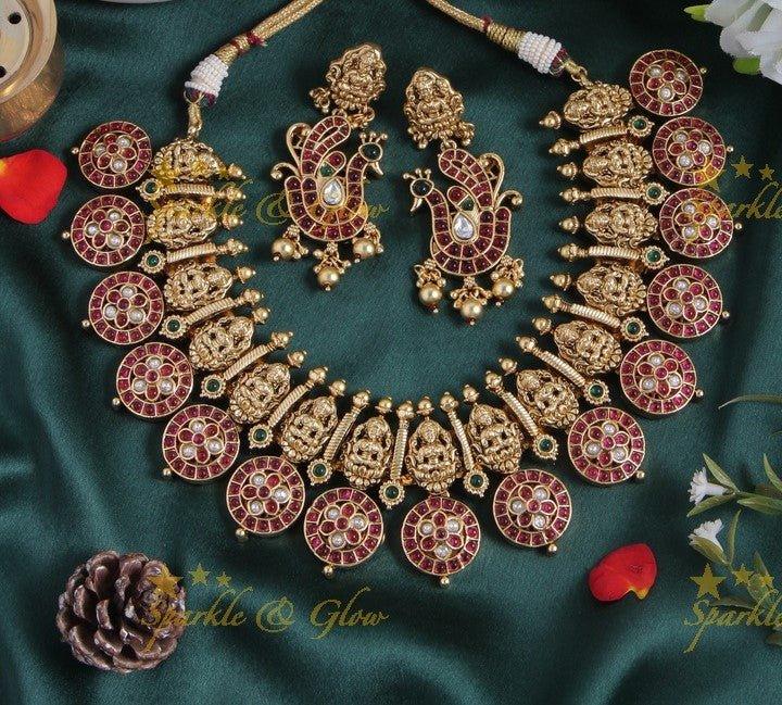 Glorious Lakshmi carved floral bottu short necklace - Sparkle and Glow