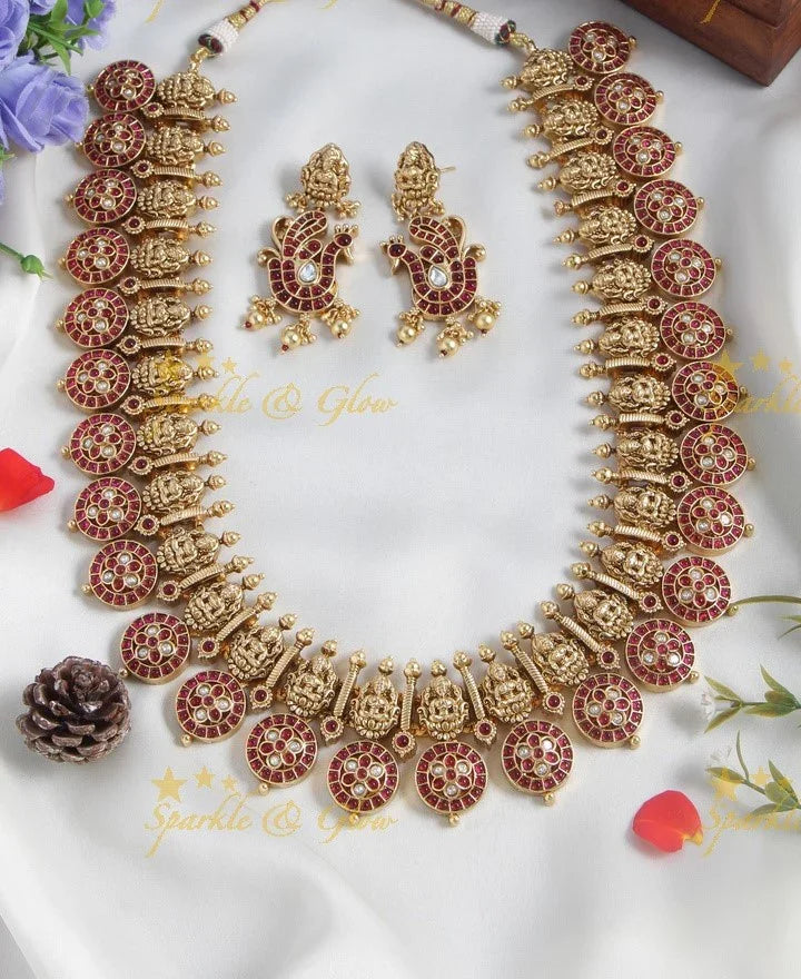 Glorious lakshmi carved floral bottu long necklace - Pink - Sparkle and Glow