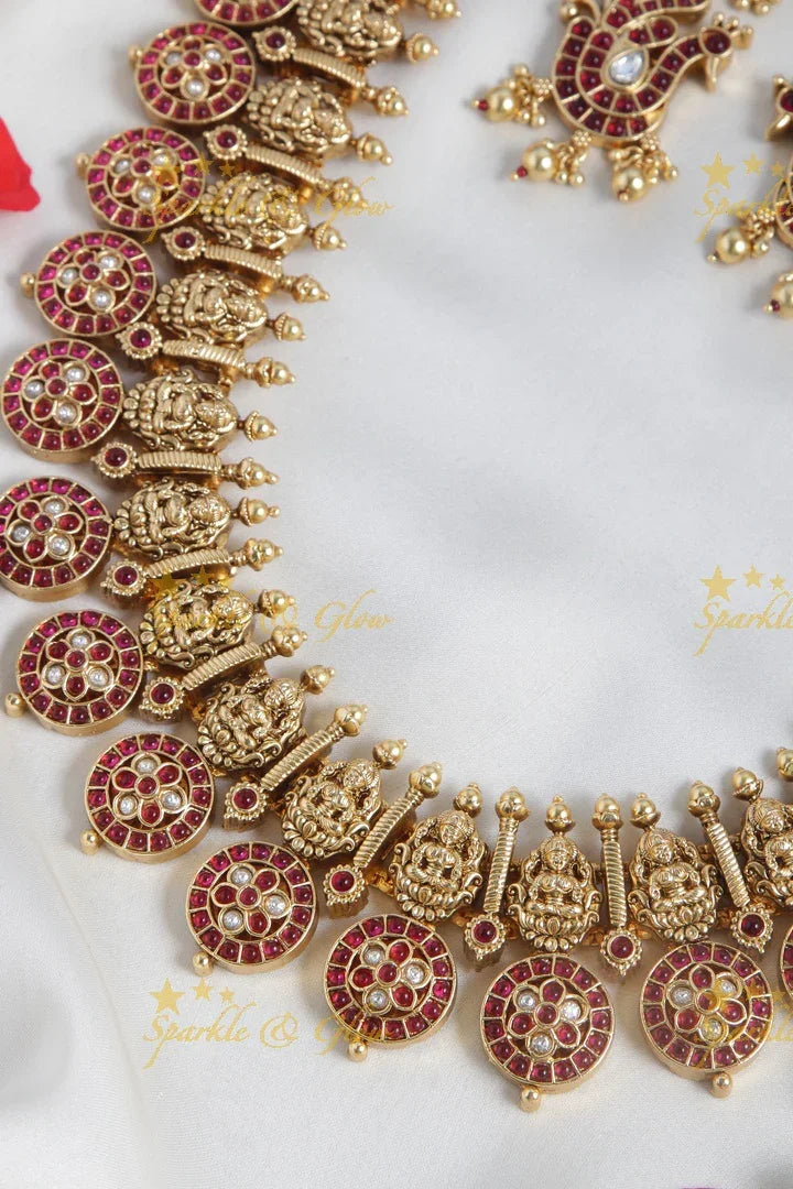Glorious lakshmi carved floral bottu long necklace - Pink - Sparkle and Glow
