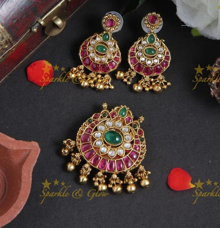 Beautiful floral half moon and Lakshmi two in one gold beads pendent set - Sparkle and Glow