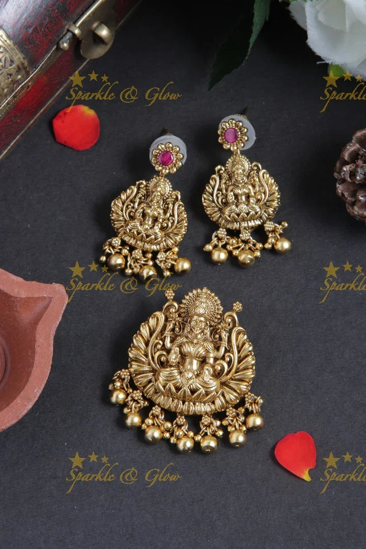 Beautiful floral half moon and Lakshmi two in one gold beads pendent set - Sparkle and Glow