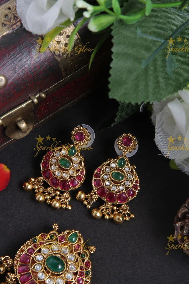 Beautiful floral half moon and Lakshmi two in one gold beads pendent set - Sparkle and Glow