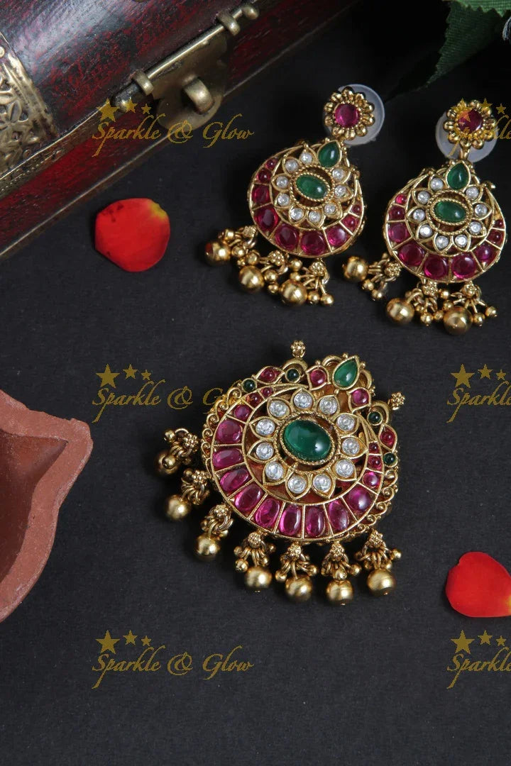 Beautiful floral half moon and Lakshmi two in one gold beads pendent set - Sparkle and Glow