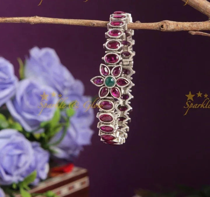 Beautiful floral kemp stone silver finishing bangle - Sparkle and Glow