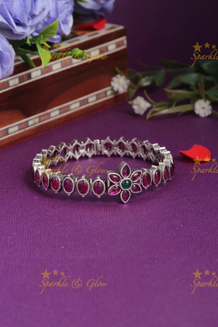 Beautiful floral kemp stone silver finishing bangle - Sparkle and Glow