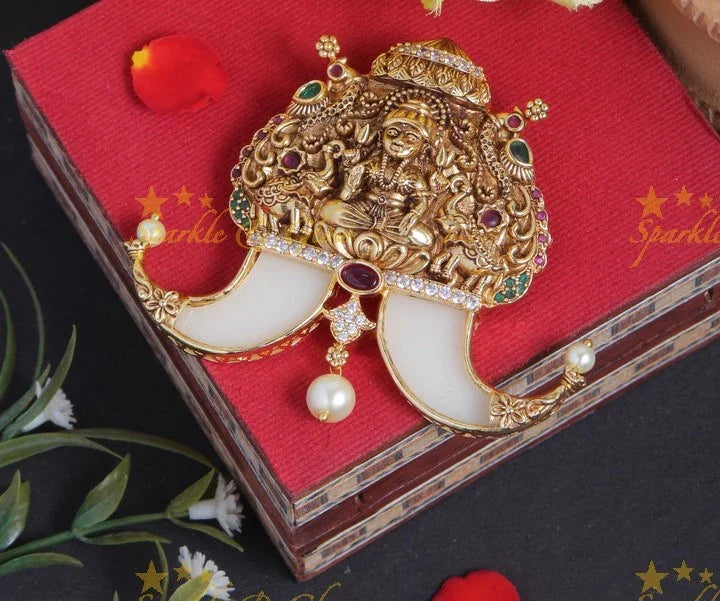 Beautiful lakhsmi elephant peacock carved traditional tiger nail pendent - Sparkle and Glow