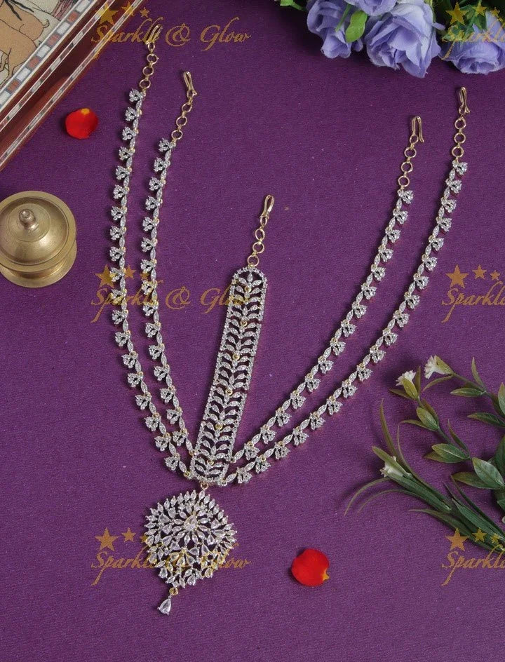 Glittering AD stone floral leaf branch maang tikka - Sparkle and Glow