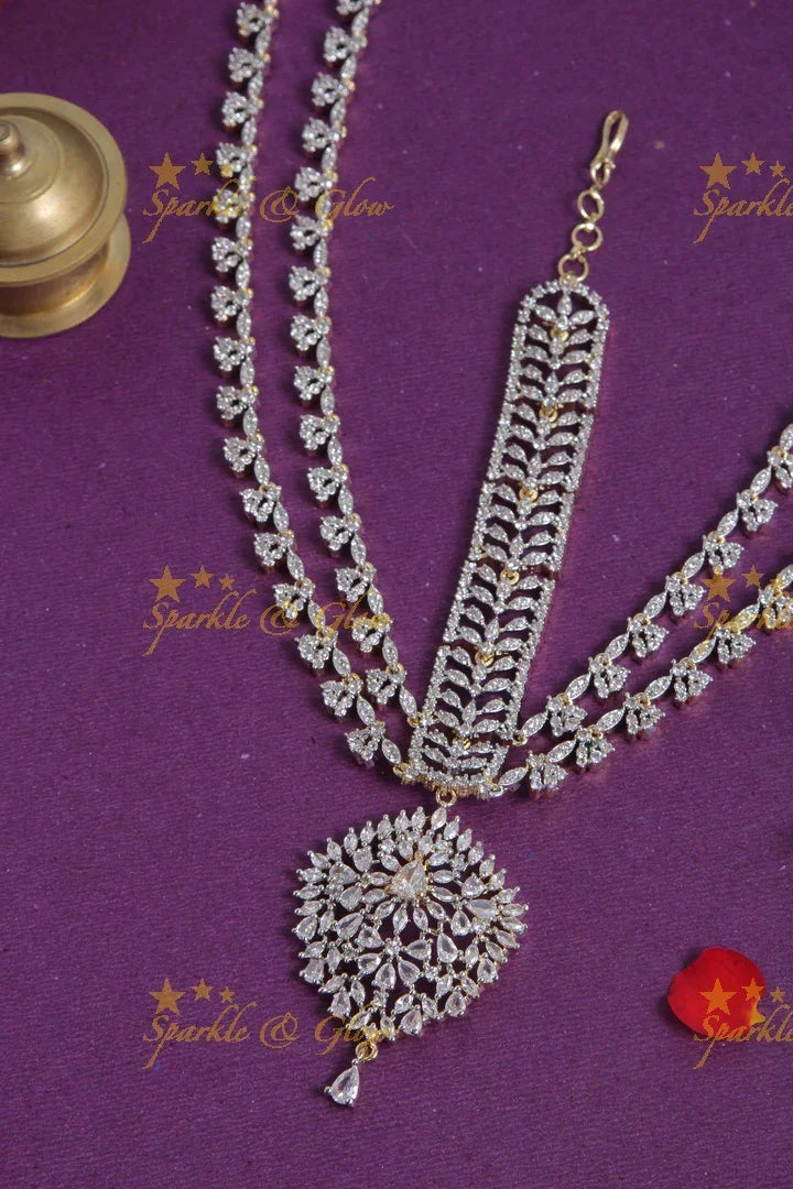 Glittering AD stone floral leaf branch maang tikka - Sparkle and Glow