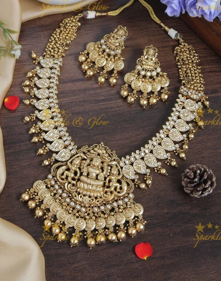 Gold alike floral mango lakhsmi carved lakhsmi coin gold beads necklace - Sparkle and Glow