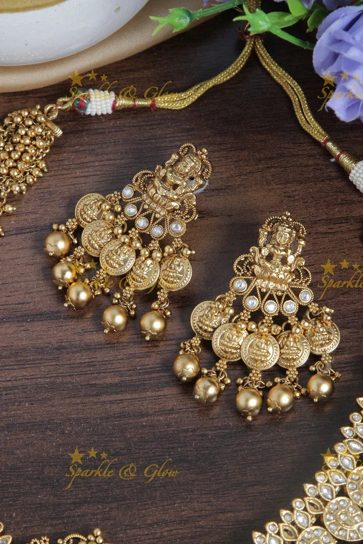 Gold alike floral mango lakhsmi carved lakhsmi coin gold beads necklace - Sparkle and Glow