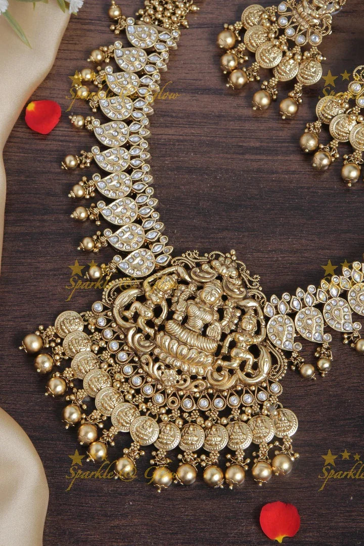 Gold alike floral mango lakhsmi carved lakhsmi coin gold beads necklace - Sparkle and Glow