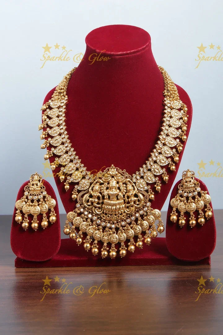 Gold alike floral mango lakhsmi carved lakhsmi coin gold beads necklace - Sparkle and Glow