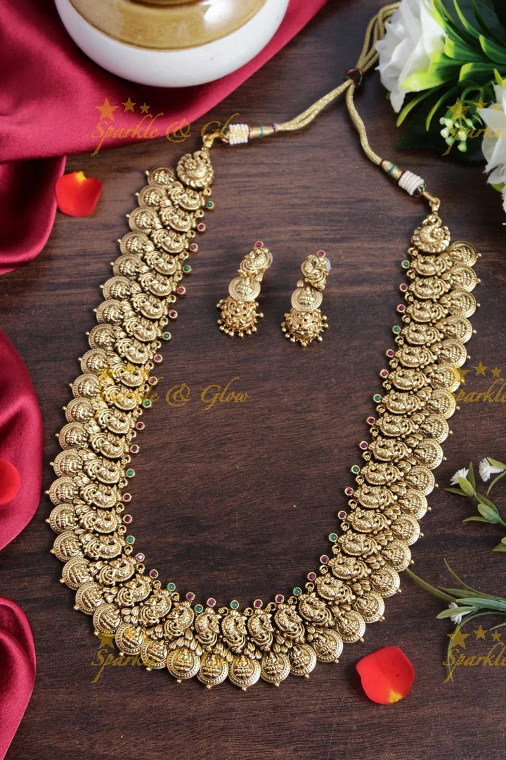 Gold alike peacock carved coin haram - Sparkle and Glow