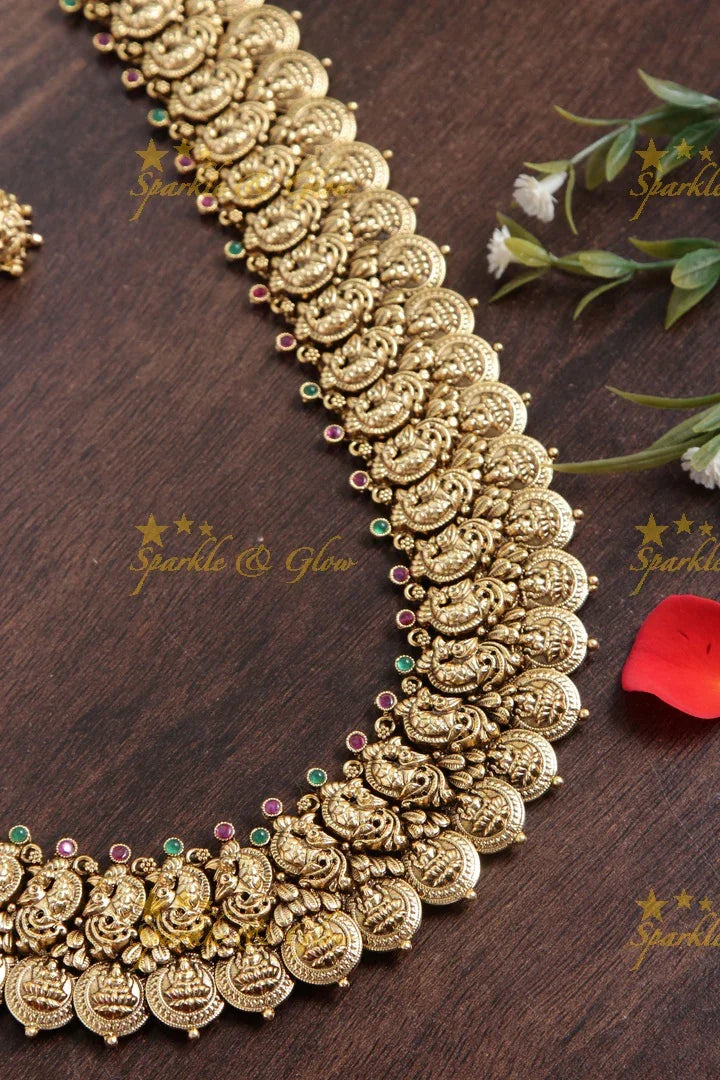 Gold alike peacock carved coin haram - Sparkle and Glow