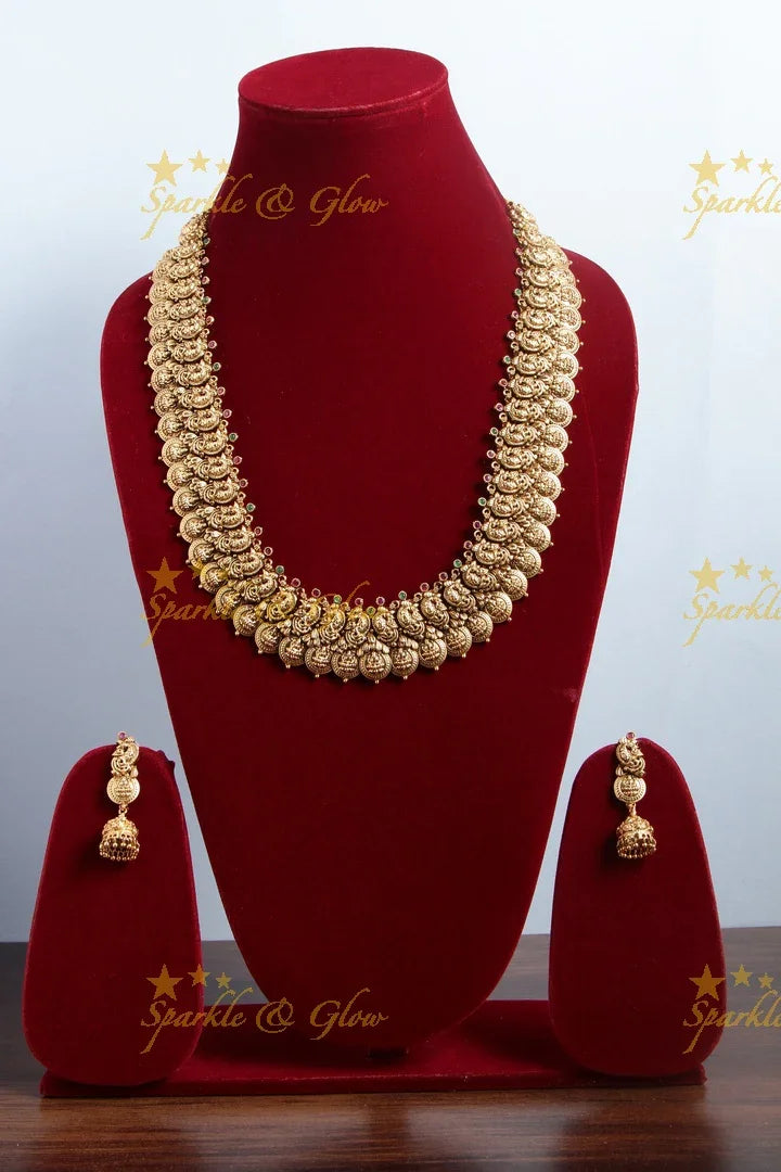 Gold alike peacock carved coin haram - Sparkle and Glow