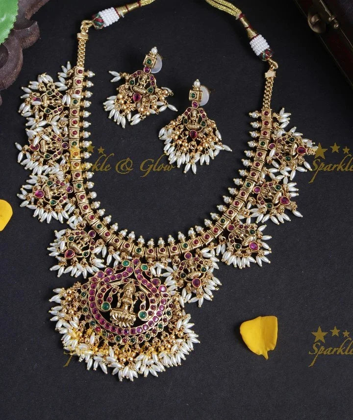 Gold alike Lakshmi Rice pearl guttapusalu necklace - Sparkle and Glow