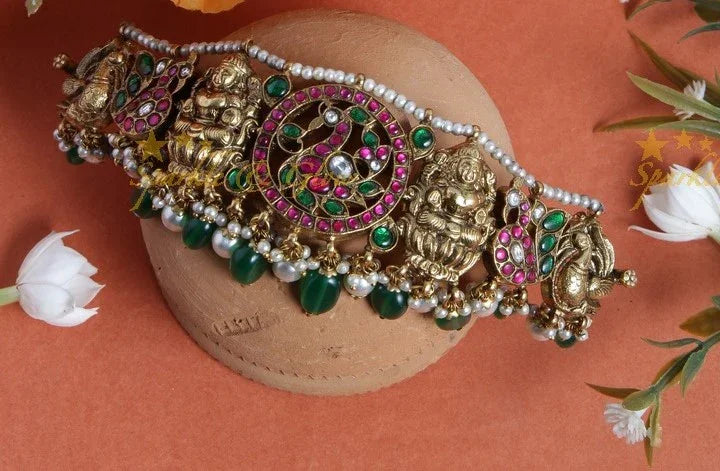 Antique elegant jadau nagas choker with green pearl drops - Sparkle and Glow