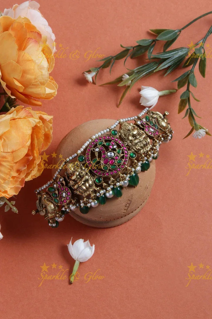 Antique elegant jadau nagas choker with green pearl drops - Sparkle and Glow