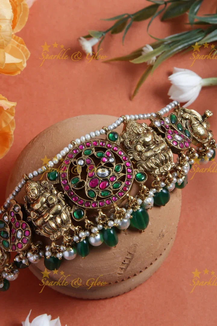 Antique elegant jadau nagas choker with green pearl drops - Sparkle and Glow