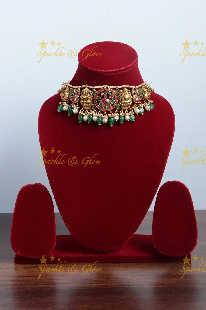 Antique elegant jadau nagas choker with green pearl drops - Sparkle and Glow