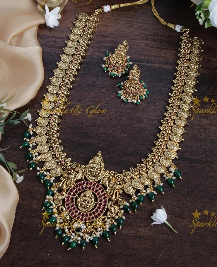 Gold alike Lakshmi coin haram with green beads - Sparkle and Glow