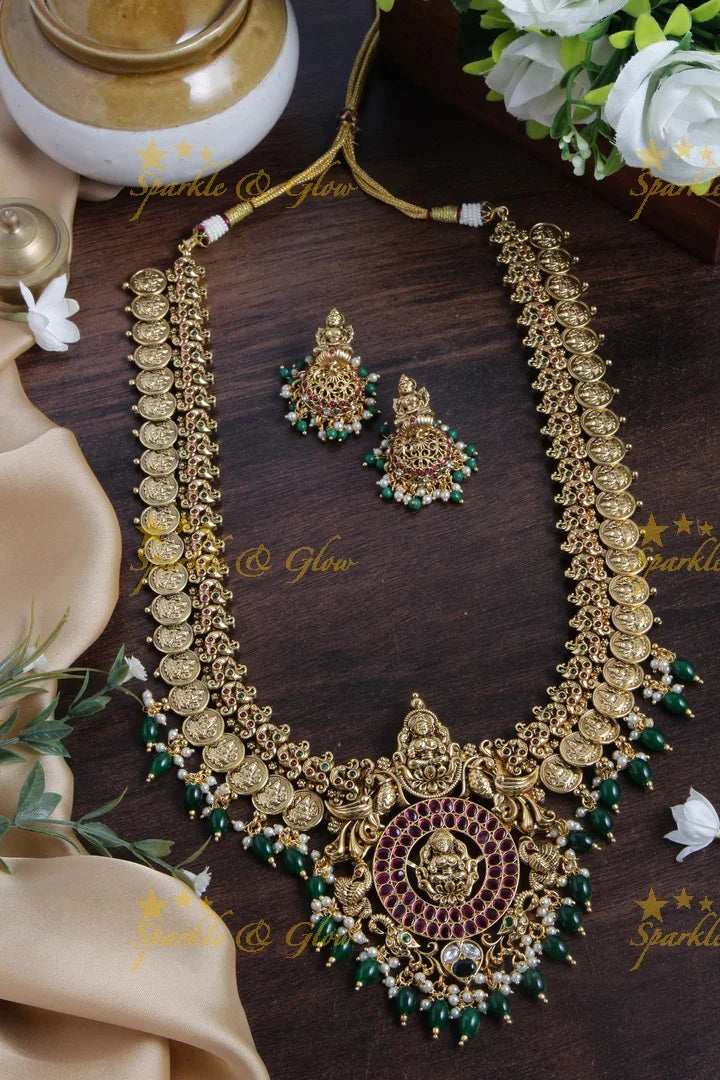 Gold alike Lakshmi coin haram with green beads - Sparkle and Glow