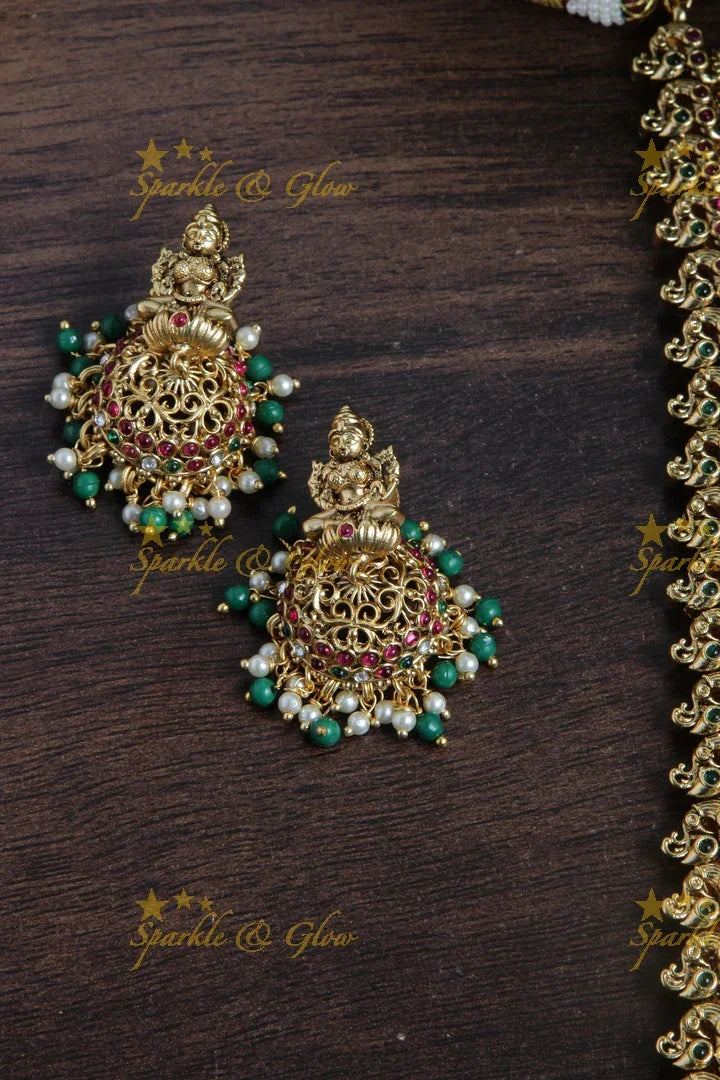 Gold alike Lakshmi coin haram with green beads - Sparkle and Glow
