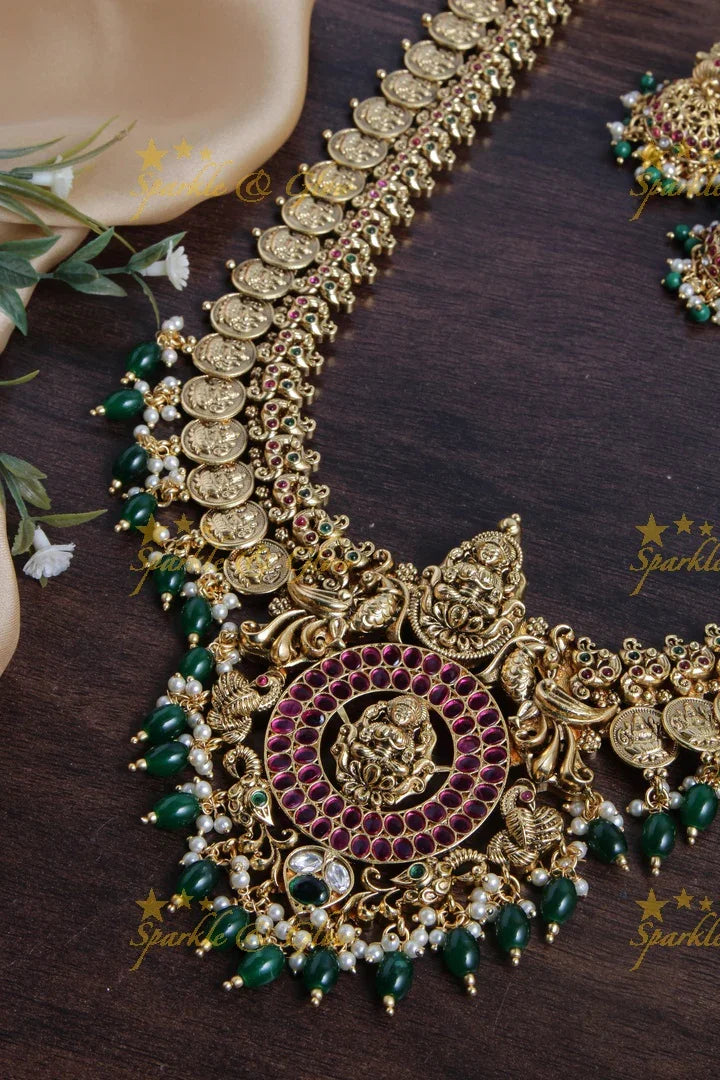 Gold alike Lakshmi coin haram with green beads - Sparkle and Glow