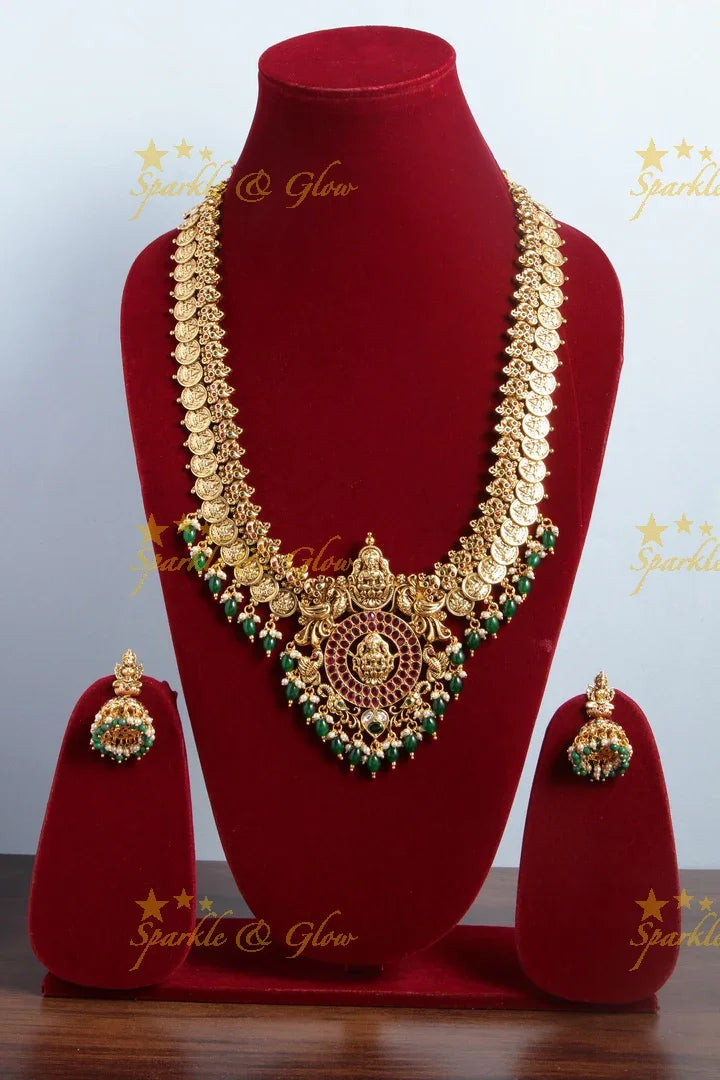 Gold alike Lakshmi coin haram with green beads - Sparkle and Glow