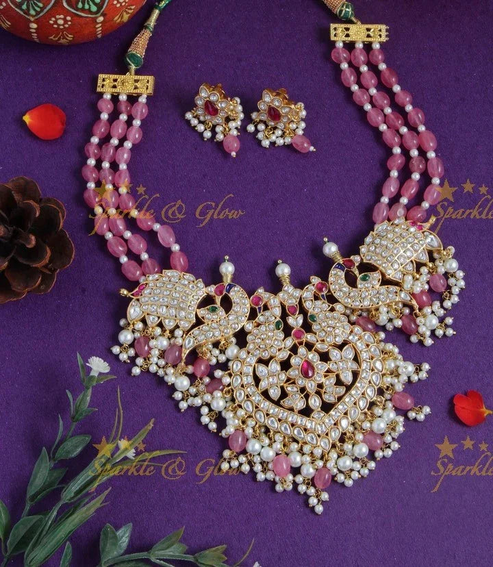 Gheru gold Jadau Peacock carved beaded short necklace - Pastel pink - Sparkle and Glow