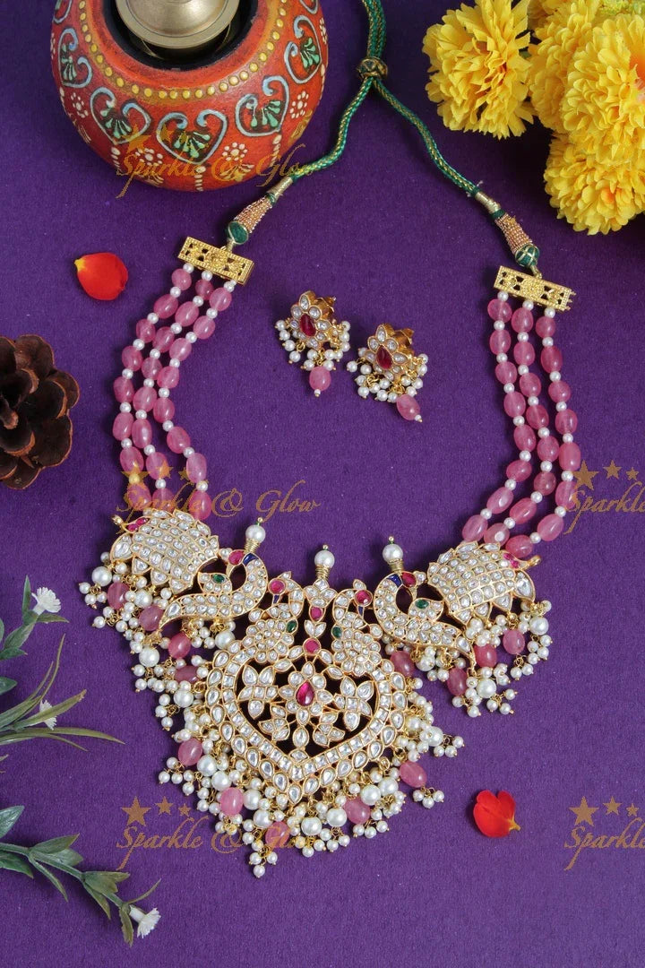 Gheru gold Jadau Peacock carved beaded short necklace - Pastel pink - Sparkle and Glow
