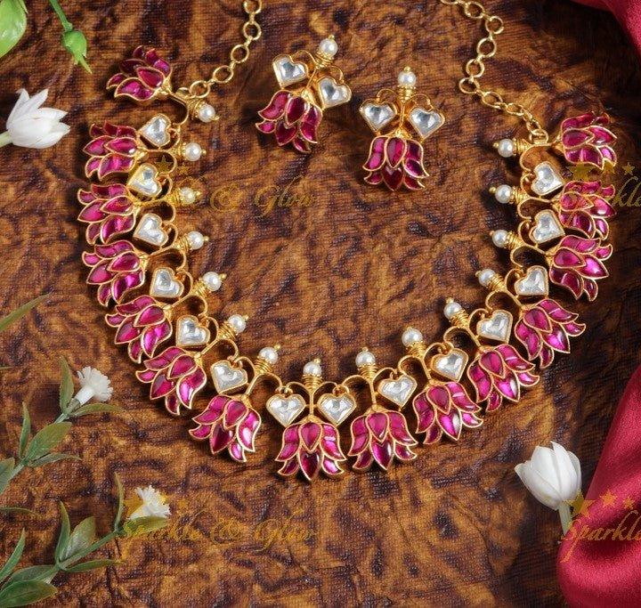 Gorgeous Jadau lotus encarved short necklace - Sparkle and Glow
