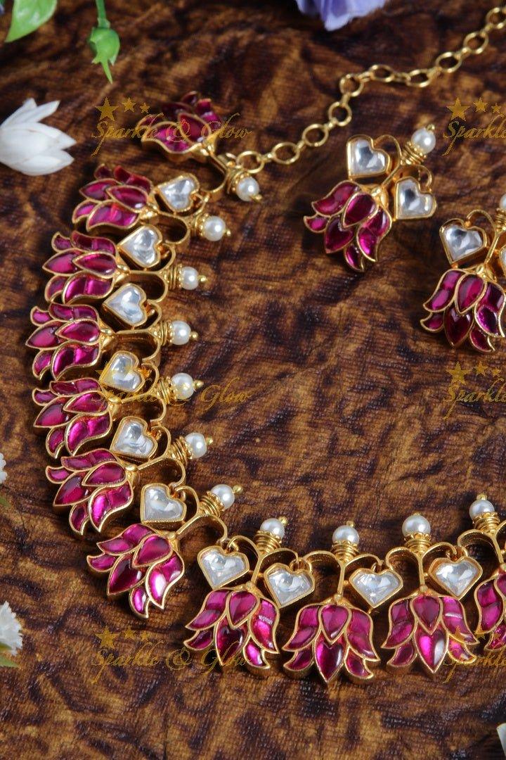 Gorgeous Jadau lotus encarved short necklace - Sparkle and Glow