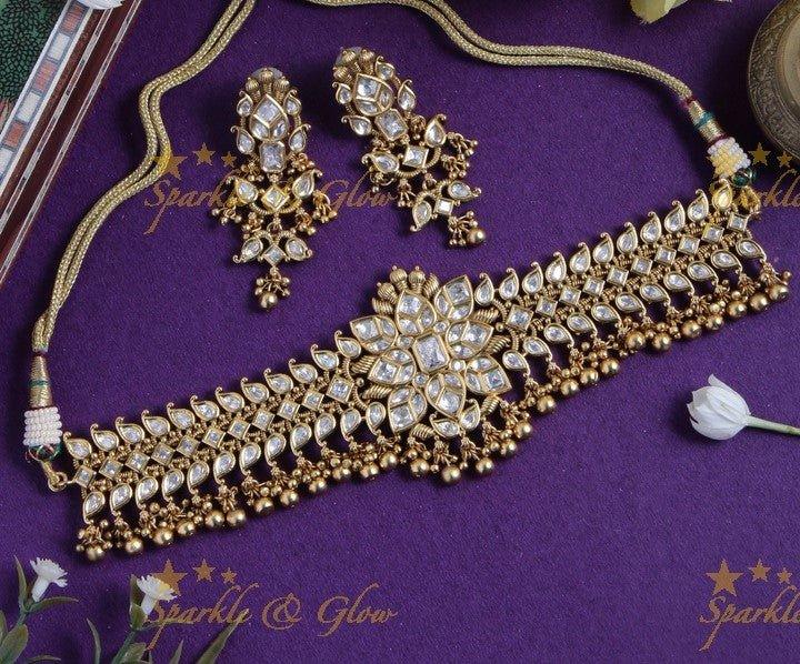Gold alike floral choker with kundan stones with gold bead drops - Sparkle and Glow