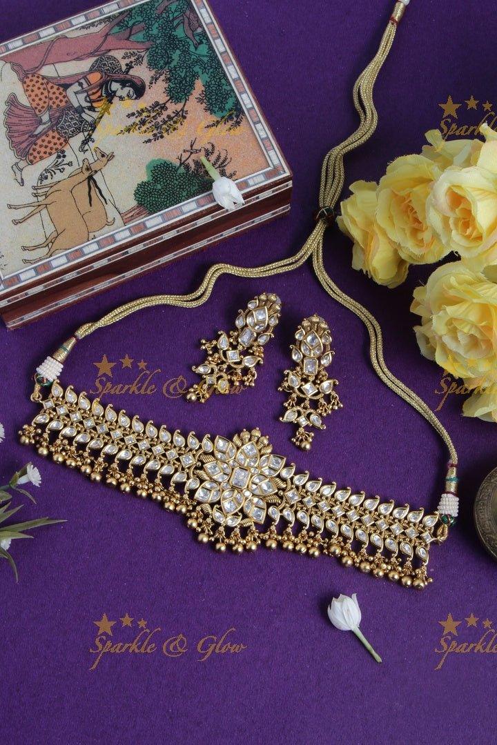 Gold alike floral choker with kundan stones with gold bead drops - Sparkle and Glow